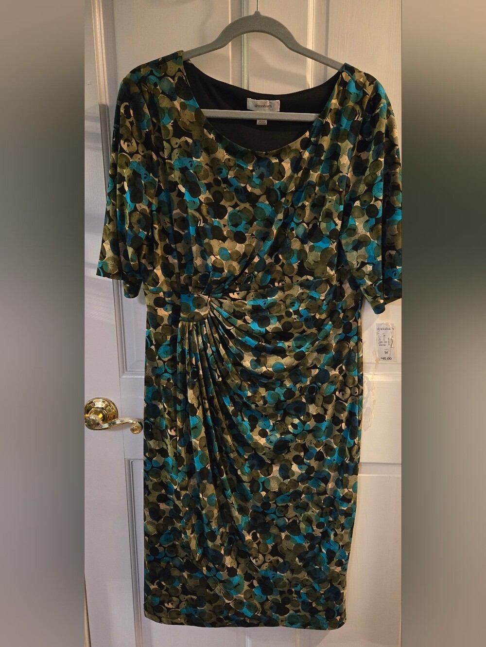 Dressbarn Empire Waist faux wrap Taupe Loden Aqua Polkadot Dress stretchy sz 16